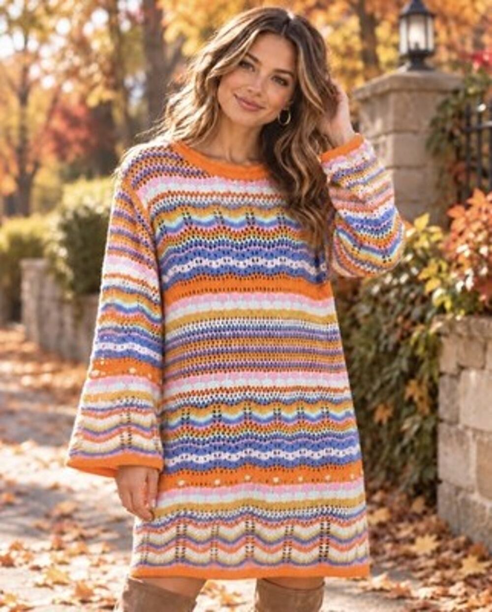 Women’s Crochet Multicolor Sweater Dress Sz M Boho Open Knit Cottage Core Artsy